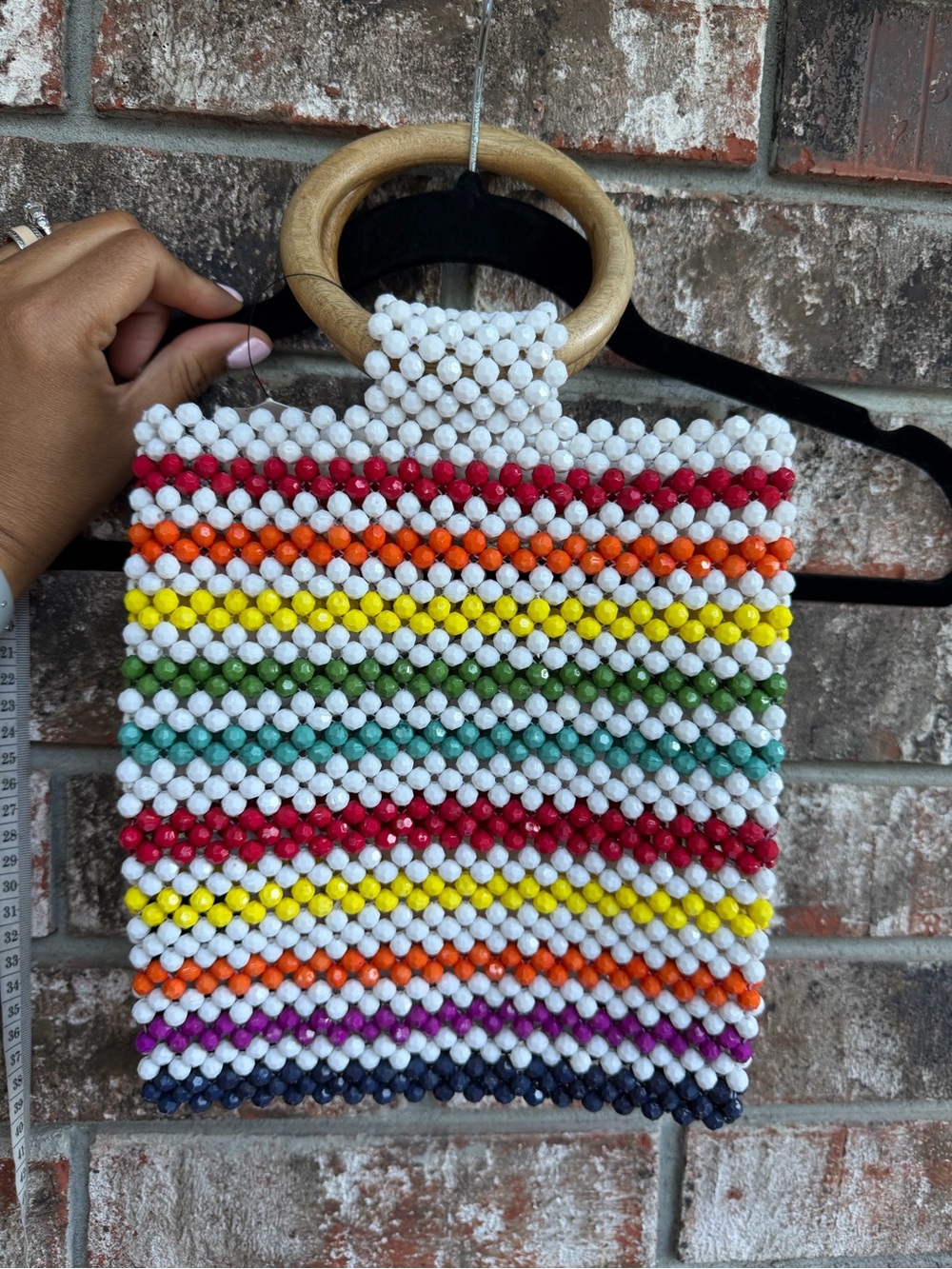 NWT Francesca’s Beaded Rainbow Tote with Wooden Handle